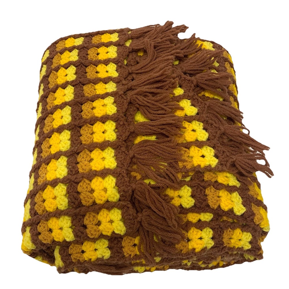 Vintage Handmade Afghan Blanket Brown Yellow Fringe 52x56 Thrown